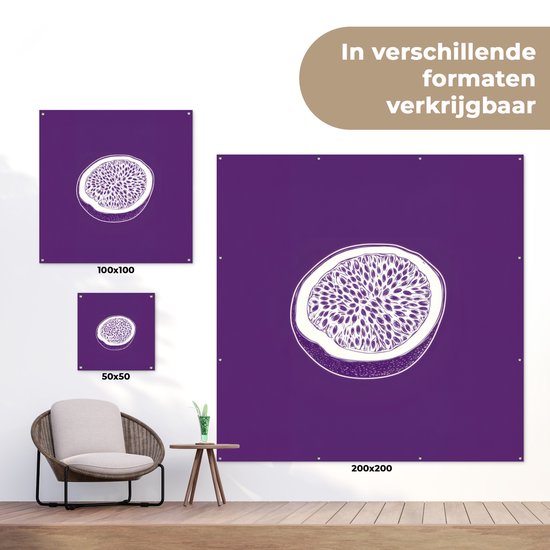 Tuinposter 100x100 cm - Tuindecoratie Passievrucht - Zaadjes - Paars - Minimalistisch - Poster voor in de tuin - Buiten decoratie - Schutting tuinschilderij - Tuindoek muurdecoratie - Wanddecoratie balkondoek