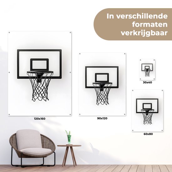 Tuinposter 90x120 cm - Tuindecoratie Basketbalbord - Minimalistisch - Zwart - Poster voor in de tuin - Buiten decoratie - Schutting tuinschilderij - Tuindoek muurdecoratie - Wanddecoratie balkondoek