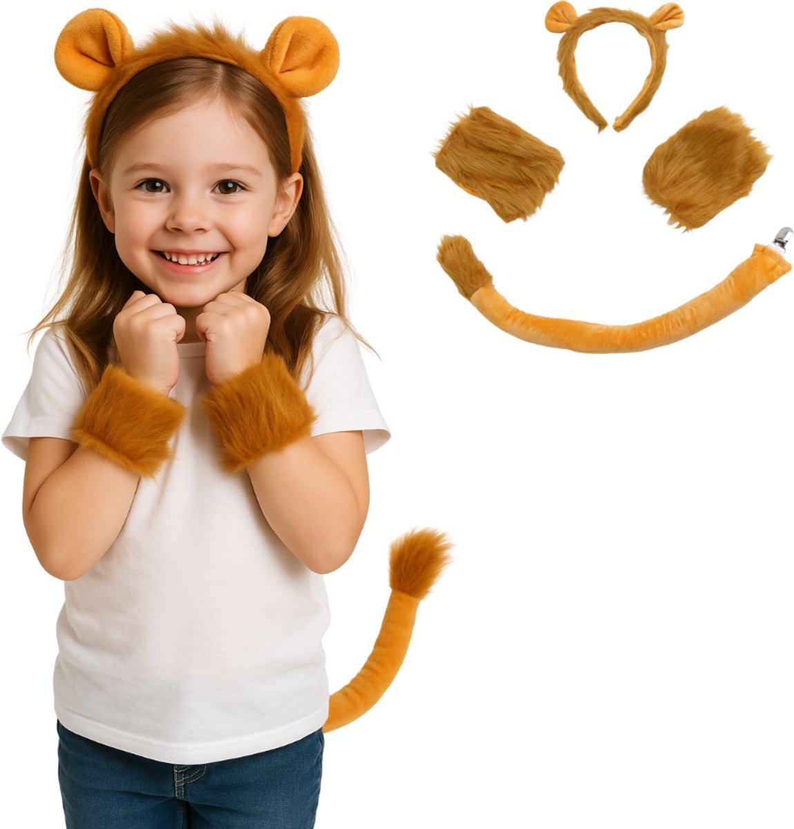 Joya Kids® Leeuw Verkleed Accessoires | Verkleedset Leeuw | Meisjes en Jongens en Volwassenen Verkleedpak Lion | Carnaval en Halloween Outfit kinderen en volwassen | Haarband met Oren, Staart, Pootjes en Strik | Safari