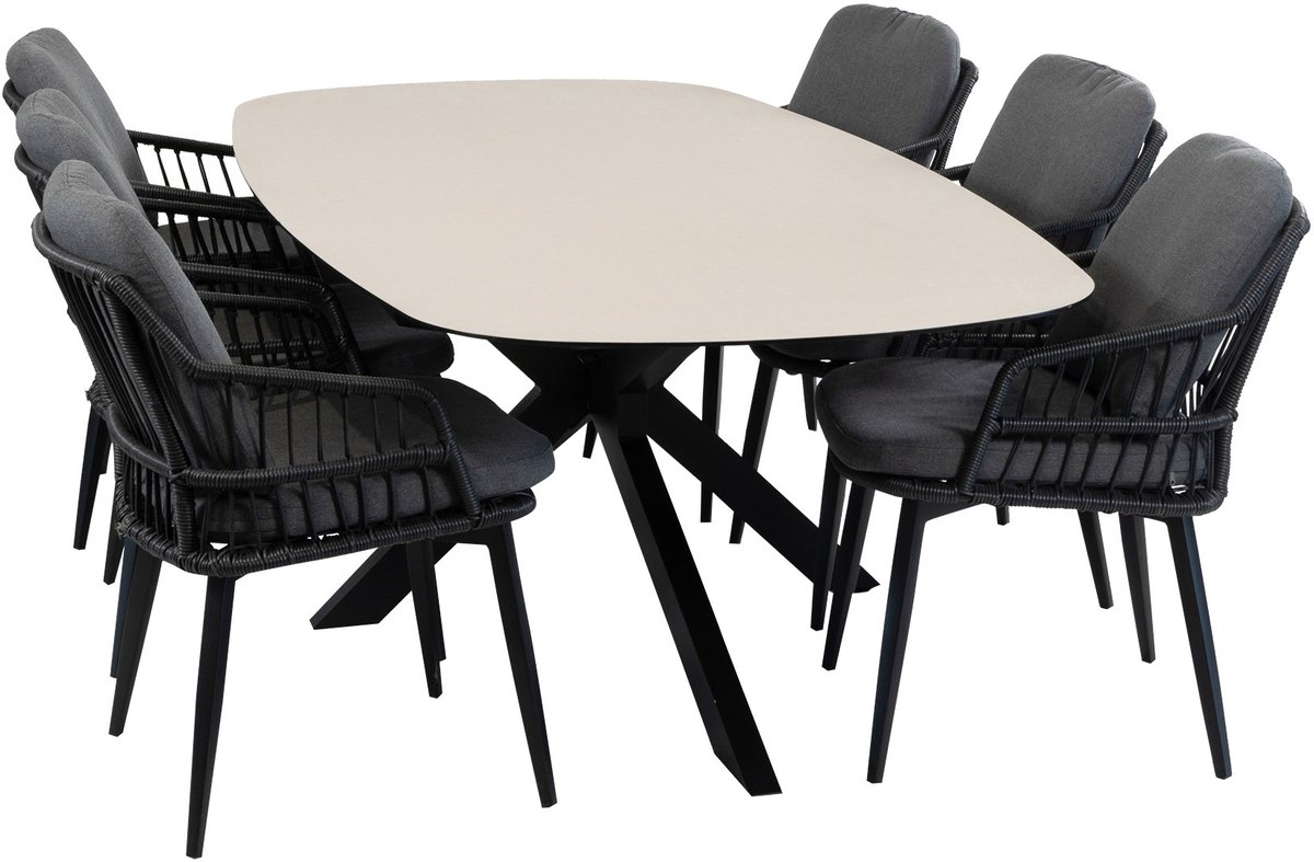 7-delige tuinset | 6 Isabel tuinstoelen (Black) | Tuintafel Malaga 240x115cm (Black)