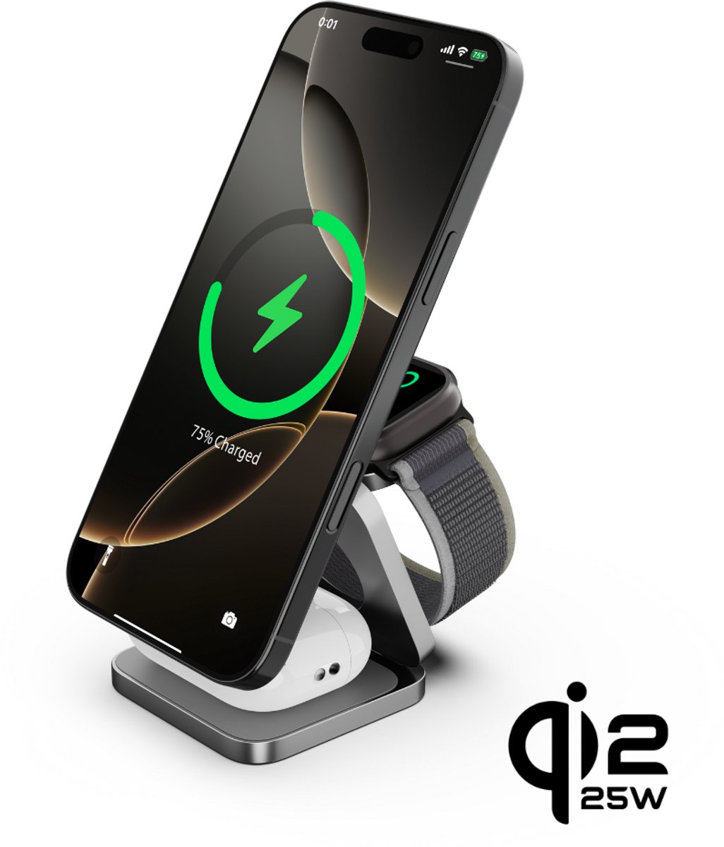 Cubenest 3-in-1 SQ312 Ultra - Qi2.2 opvouwbare aluminium draadloze oplader - compatibel met Magsafe - draadloze oplader voor Apple Watch, AirPods, iPhone 12- 17 (Alle modellen) - Qi2.2-apparaten - totaal vermogen 35 W - Grijs