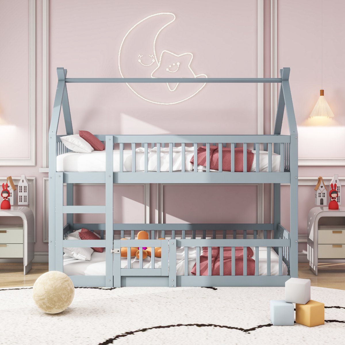 Merax Kinderbed - stapelbed 90x200 cm - hoogslaper - met trap - loft design - massief hout - grijs - zonder matras