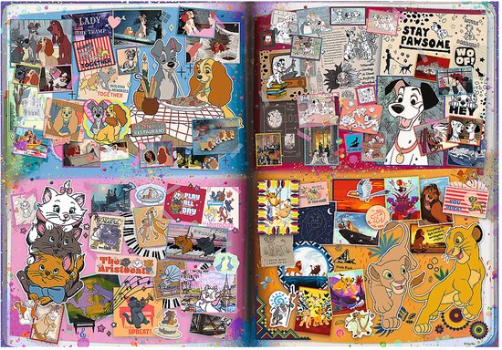 Een openstaand Disney-puzzelboek met vier secties: Lady en de Vagebond, 101 Dalmatiërs, De Aristokatten en De Leeuwenkoning, versierd met kleurrijke verfspatten.