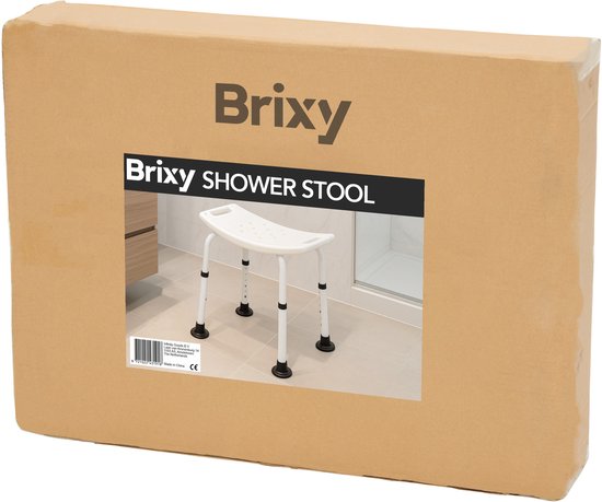 Brixy douchekruk op de verpakking, met afmetingen en merknaam.