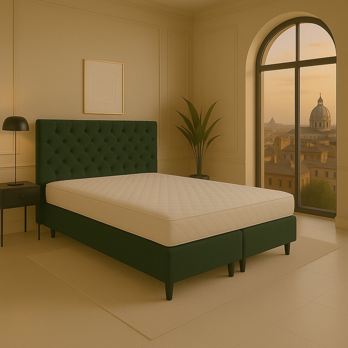 Boxspring vlak Roma 120x220 cm Luxe Pocketvering Stof donkergroen Gratis 2x Hoofdkussens