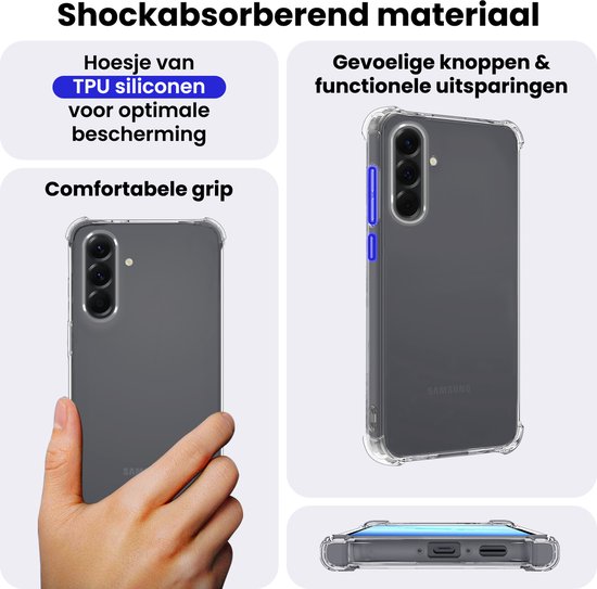 Gedetailleerde weergave van een transparante TPU siliconen telefoonhoes, inclusief comfortabele grip en knoppen.