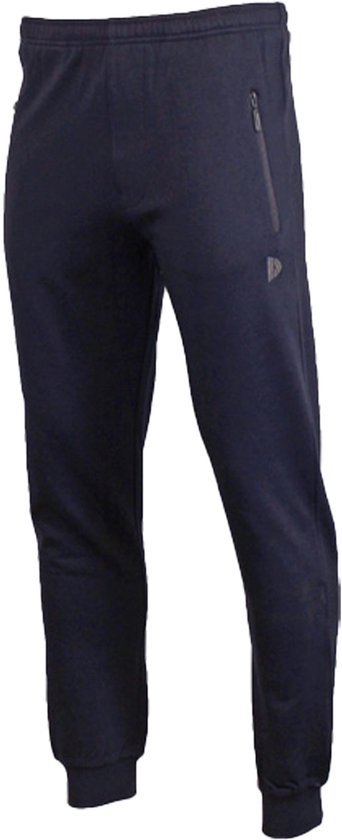 Donkere joggingbroek met logo en ritszak op de zijkant.