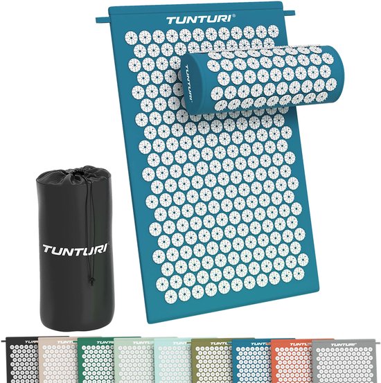 Tunturi Spijkermat met kussen - Acupressuur - Meditatie Mat - Acupunctuur Set - Massage en Ontspanning - 68x42x2 cm - Petrolblauw