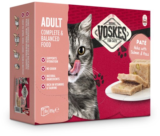 Voskes Paté Adult Heek met Zalm & Erwtjes - 8 x 85 gr