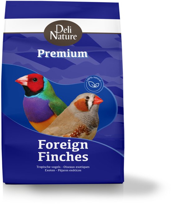 Blauwe verpakking 'Deli Nature Premium Foreign Finches' met een Gouldamadine en een zebravink.