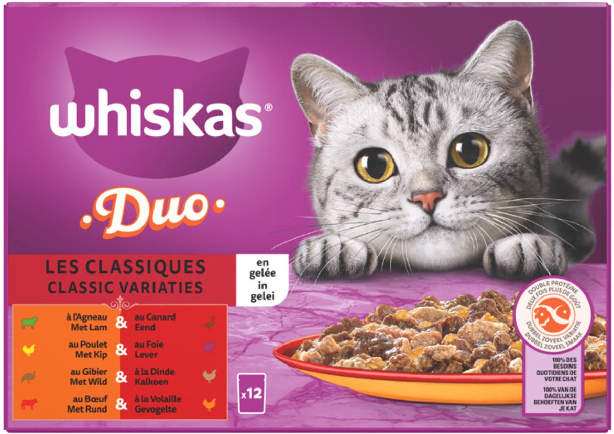 Whiskas 1+ Duo Classic Variaties in gelei multipack (12 x 85 g) 4 verpakkingen (48 x 85 g)