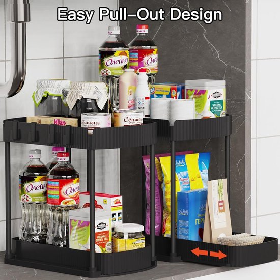 Onder kast organizer en opslag, badkamerorganisator onder gootsteen met schuiflade, 2-laags uittrekbare keukenkast gootsteen, multifunctionele onder gootsteen plank voor badkamer, zwart Onder kast organizer en opslag, badkamerorganisator onder gootsteen met schuiflade, 2-laags uittrekbare keukenkast gootsteen, multifunctionele onder gootsteen plank voor badkamer, zwart