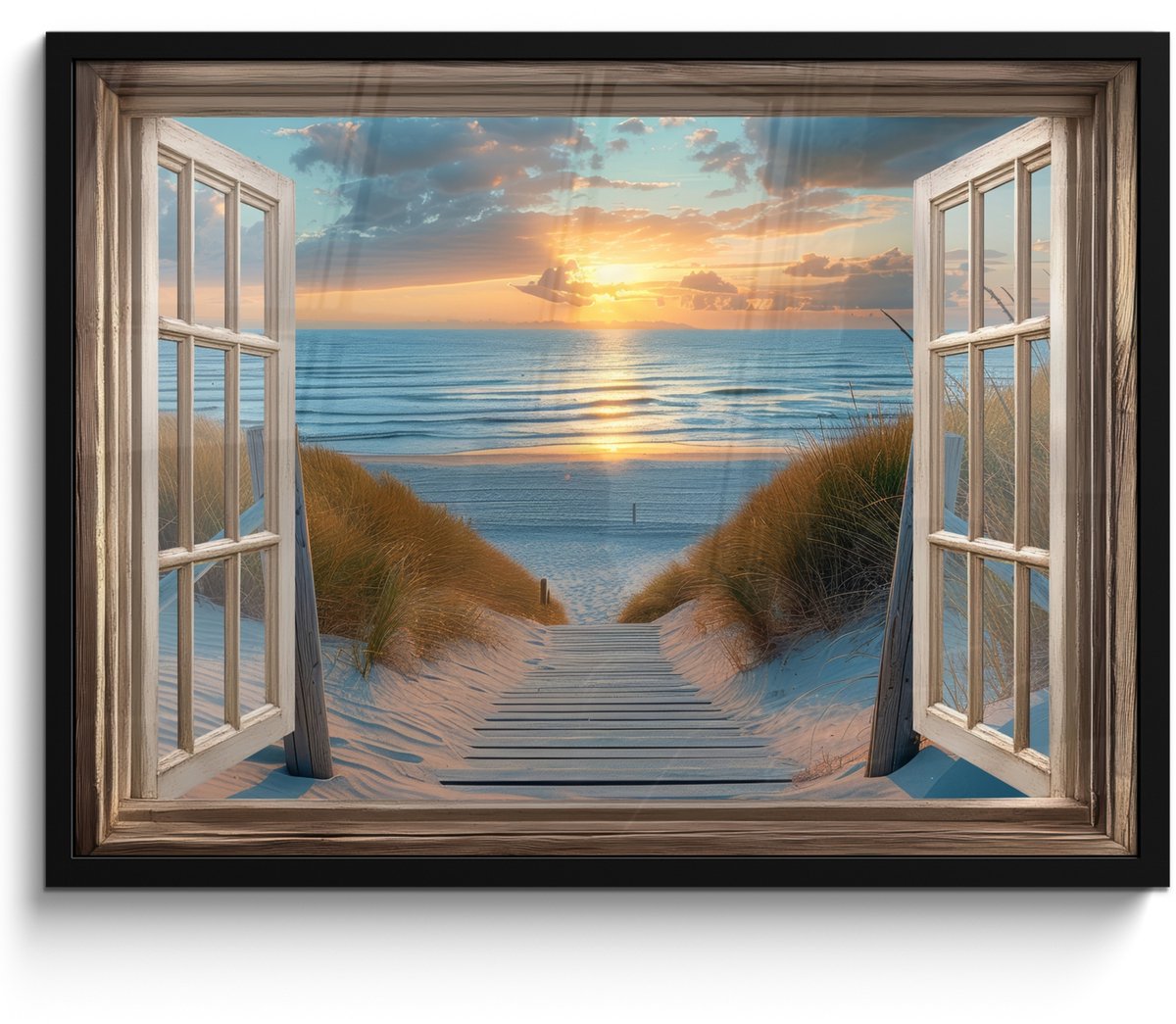 FrameYourWall Poster in lijst - Fotolijst 80x60 cm - Posters - Doorkijk - Strand - Pad - Zonsondergang - Posterlijst zwart - Decoratie - Wanddecoratie woonkamer - Muurdecoratie slaapkamer Zonsondergang - Zee