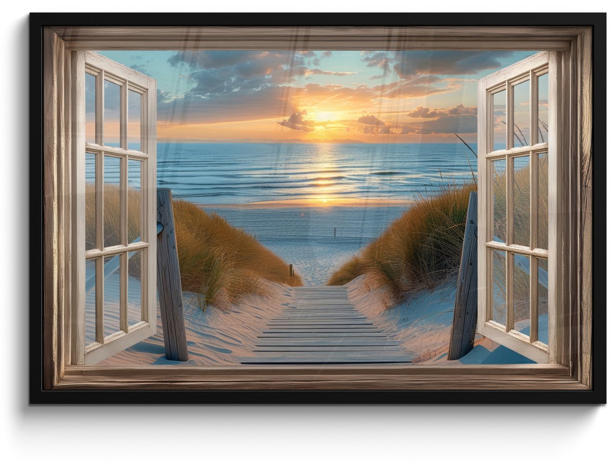 FrameYourWall Poster in lijst - Fotolijst 90x60 cm - Posters - Doorkijk - Strand - Pad - Zonsondergang - Posterlijst zwart - Decoratie - Wanddecoratie woonkamer - Muurdecoratie slaapkamer Zonsondergang - Zee