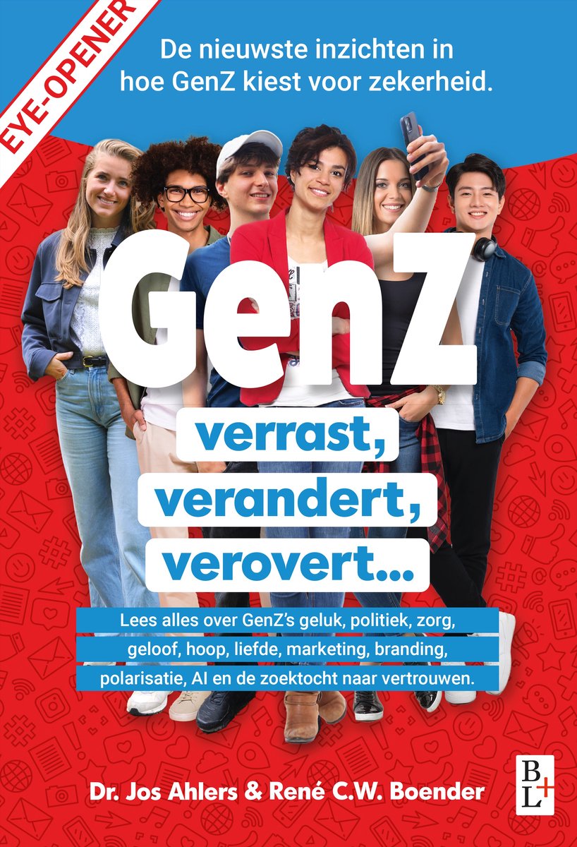 Boekomslag met de titel 'GenZ verrast, verandert, verovert...'. Een groep jongeren staat samen op de foto.