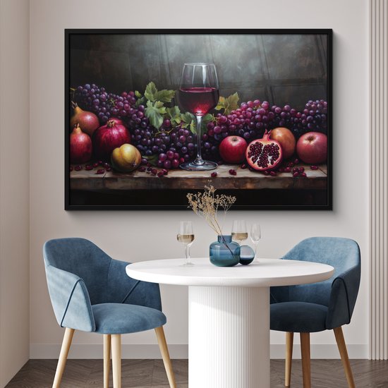 Affiche encadrée - Cadre photo 120x80 cm - Posters - Vin - Fruits - Nature morte - Poster cadre noir - Décoration - Décoration murale salon - Décoration murale chambre