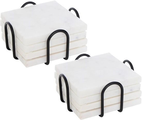 5Five Sous-verres de verre en marbre, 8 pièces, carré, pierre, 10 x 10 cm, blanc, sur support en métal noir