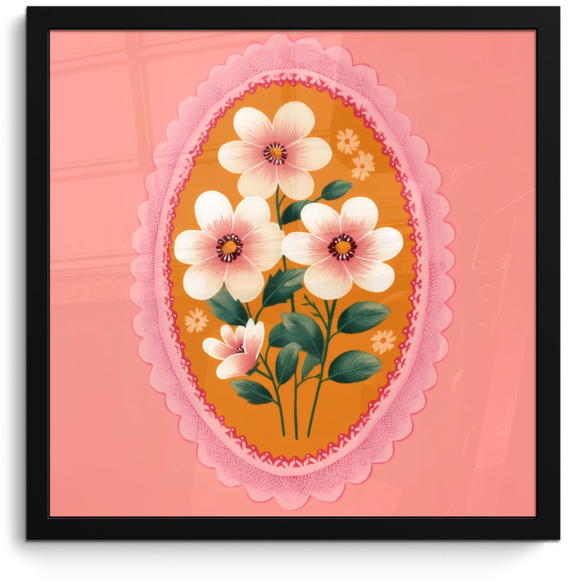 FrameYourWall Poster in lijst - Fotolijst 40x40 cm - Posters - Illustratie - Bloemen - Rand - Roze - Posterlijst zwart - Decoratie - Wanddecoratie woonkamer - Muurdecoratie slaapkamer