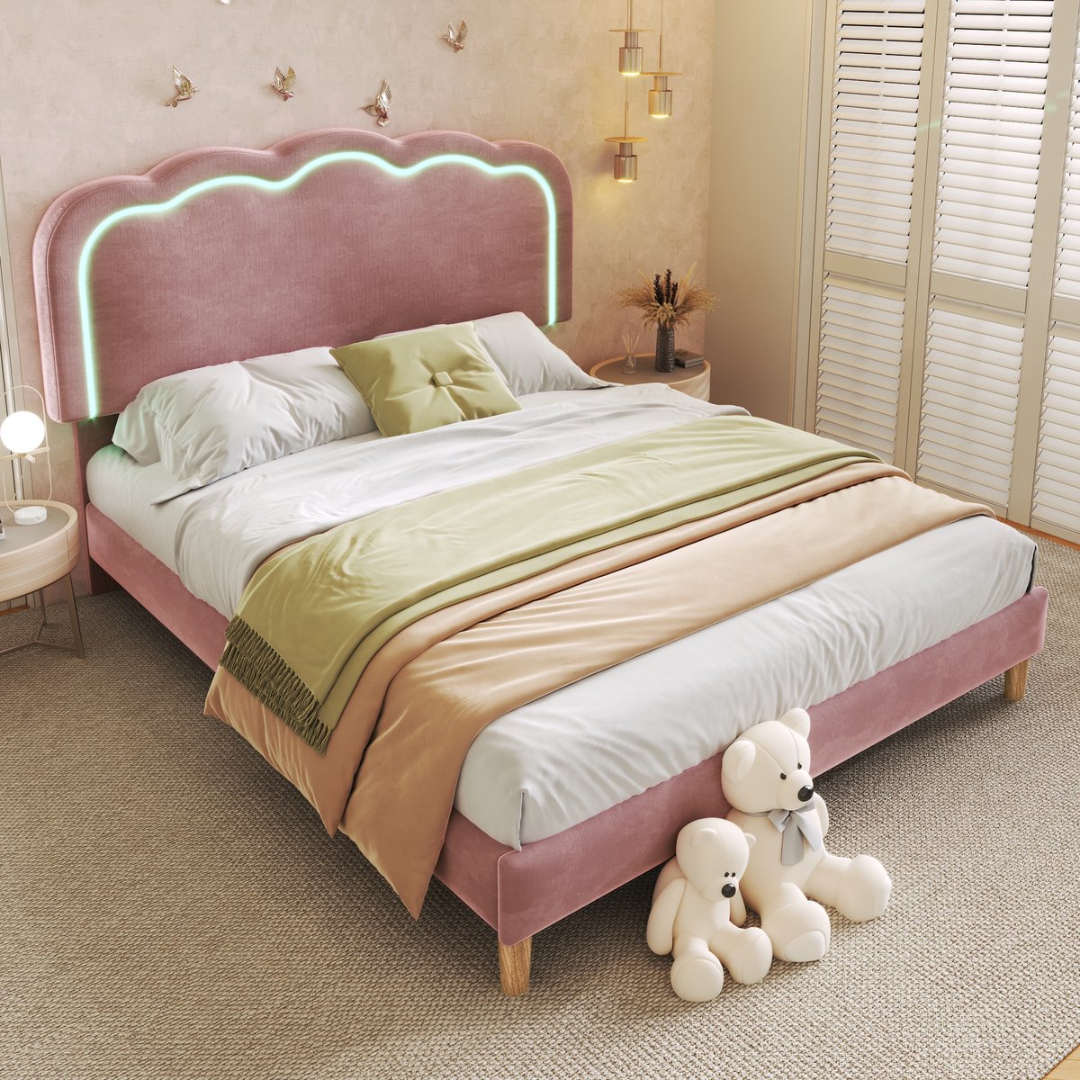 Polsterbed LED-140 x 200 cm met lattenbodem, verstelbaar hoofdeinde en gewatteerd roze fluweel – bedframe voor kinderen- of logeerkamer