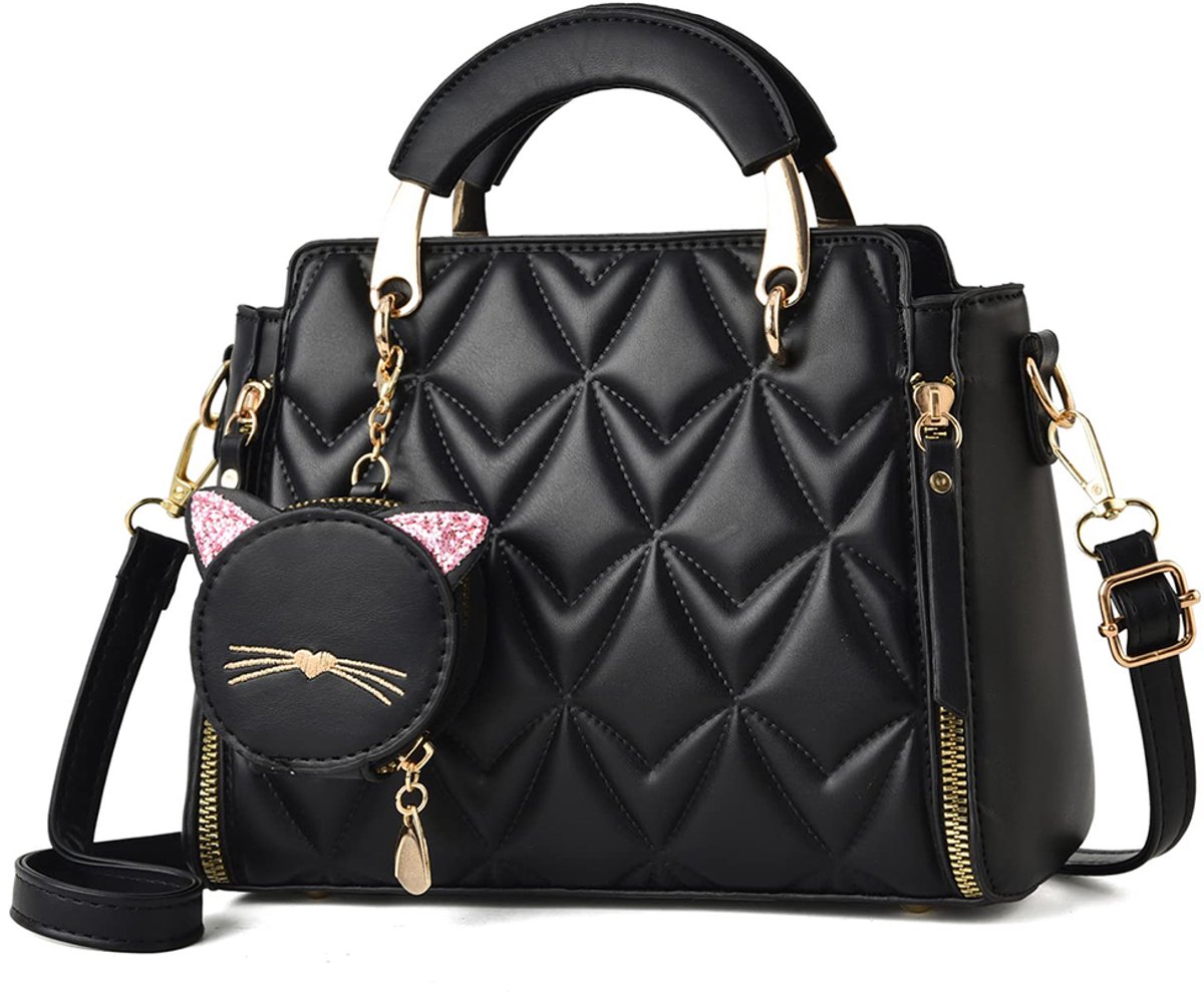 Damen-Shopper-Zwart-PU-Materiaal-GlitterKätzchen-Versatile
