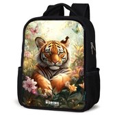 NoBoringSuitcases.com® - Rugzak zwart - Schooltas jongen & meisje - Tijger in bloemenveld met vlinders en zonlicht - Rugtas voor school - Boekentas kind - Schoolrugzak - Kinderrugzak