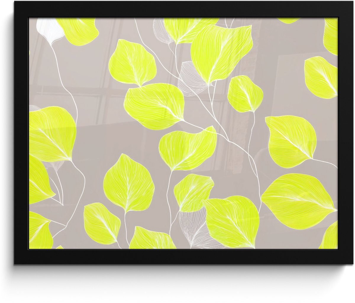 FrameYourWall Poster in lijst - Fotolijst 40x30 cm - Posters - Bladeren - Neon - Geel - Lijnen - Posterlijst zwart - Decoratie - Wanddecoratie woonkamer - Muurdecoratie slaapkamer Bladeren - Lijnen - Neon