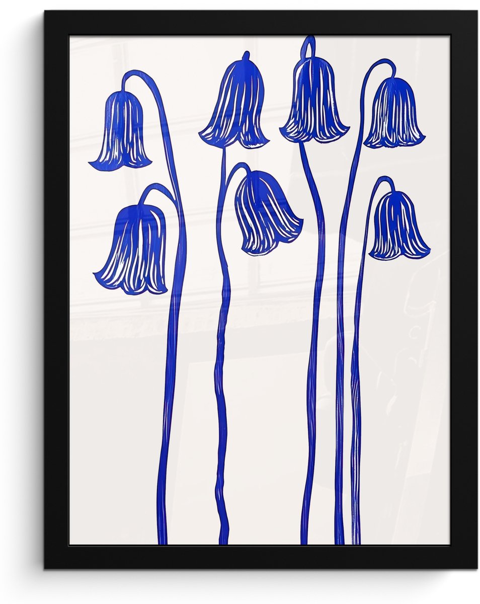 FrameYourWall Poster in lijst - Fotolijst 30x40 cm - Posters - Bloemen - Blauw - Lijnen - Bloemblaadjes - Posterlijst zwart - Decoratie - Wanddecoratie woonkamer - Muurdecoratie slaapkamer Bloemen - Bloemblaadjes
