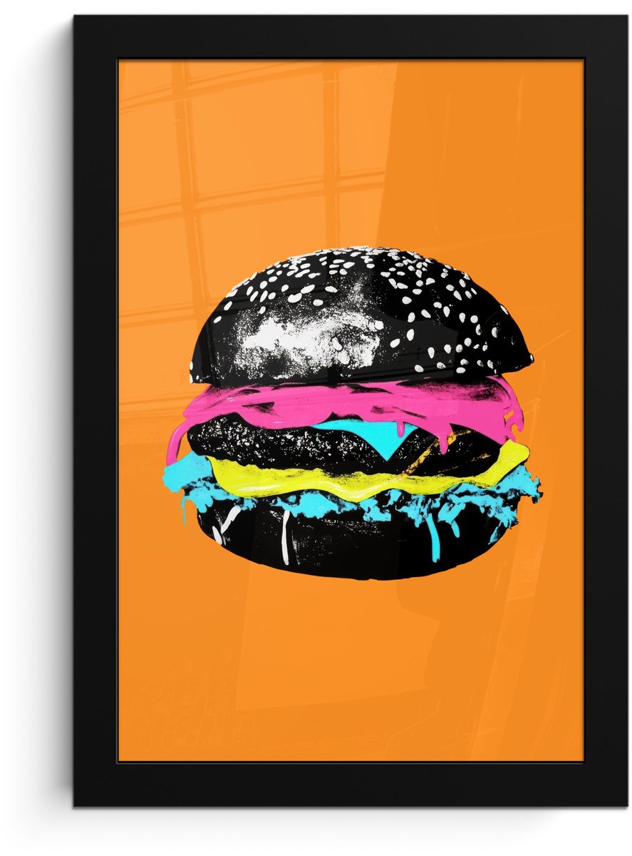 FrameYourWall Poster in lijst - Fotolijst 20x30 cm - Posters - Hamburger - Oranje - Neon - popart - Posterlijst zwart - Decoratie - Wanddecoratie woonkamer - Muurdecoratie slaapkamer Hamburger - popart