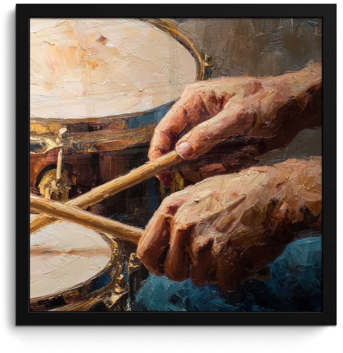 FrameYourWall Poster in lijst - Fotolijst 40x40 cm - Posters - Drumstokken - Olieverf - Man - Posterlijst zwart - Decoratie - Wanddecoratie woonkamer - Muurdecoratie slaapkamer