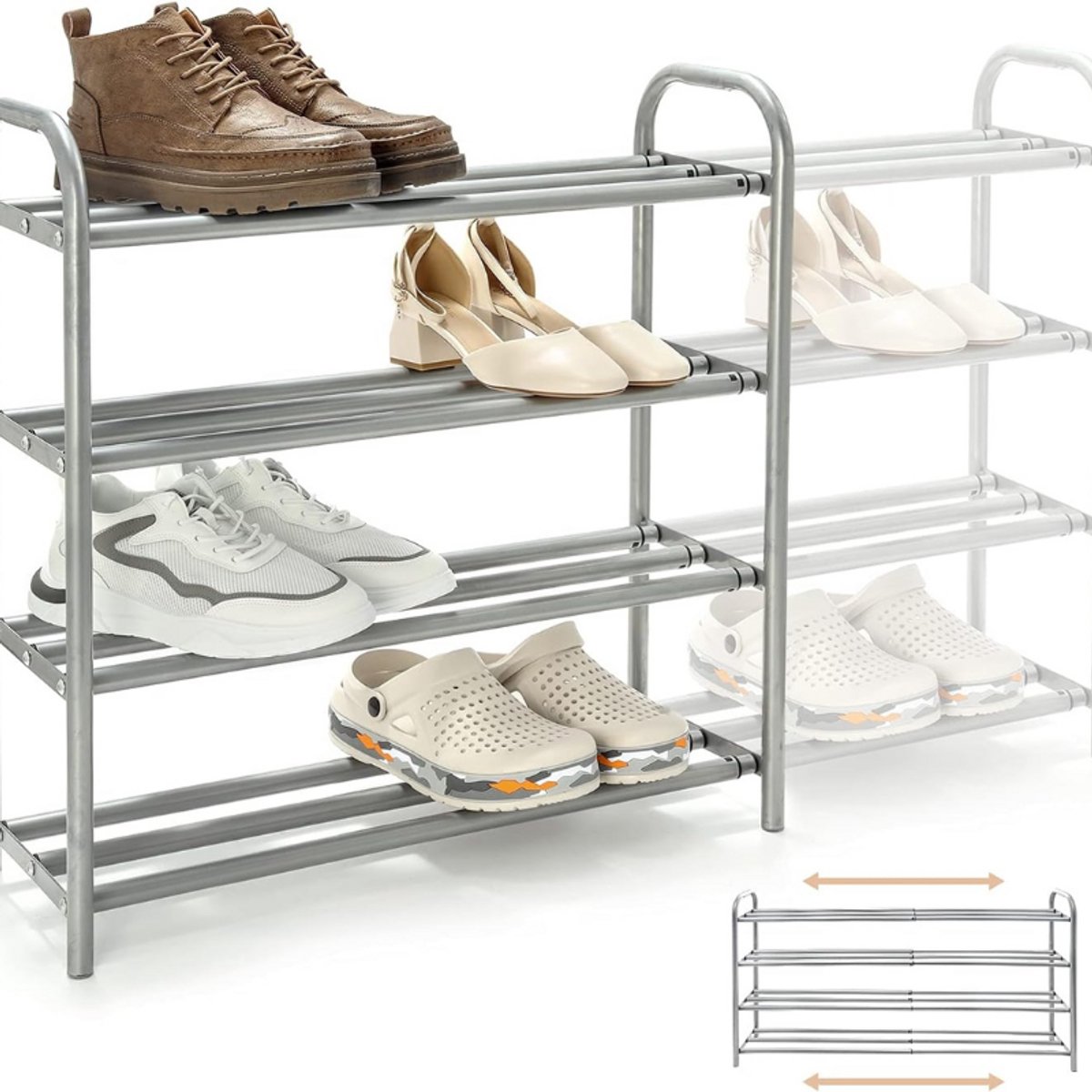 Uittrekbaar Schoenenrek Met 4 Planken - Sterk En Duurzaam Metalen Schoenenrek - Uitbreidbare Schoenenstandaard Voor 20 Paar Schoenen - Ruimtebesparende Organizer Voor Hal - Slaapkamer - Woonkamer
