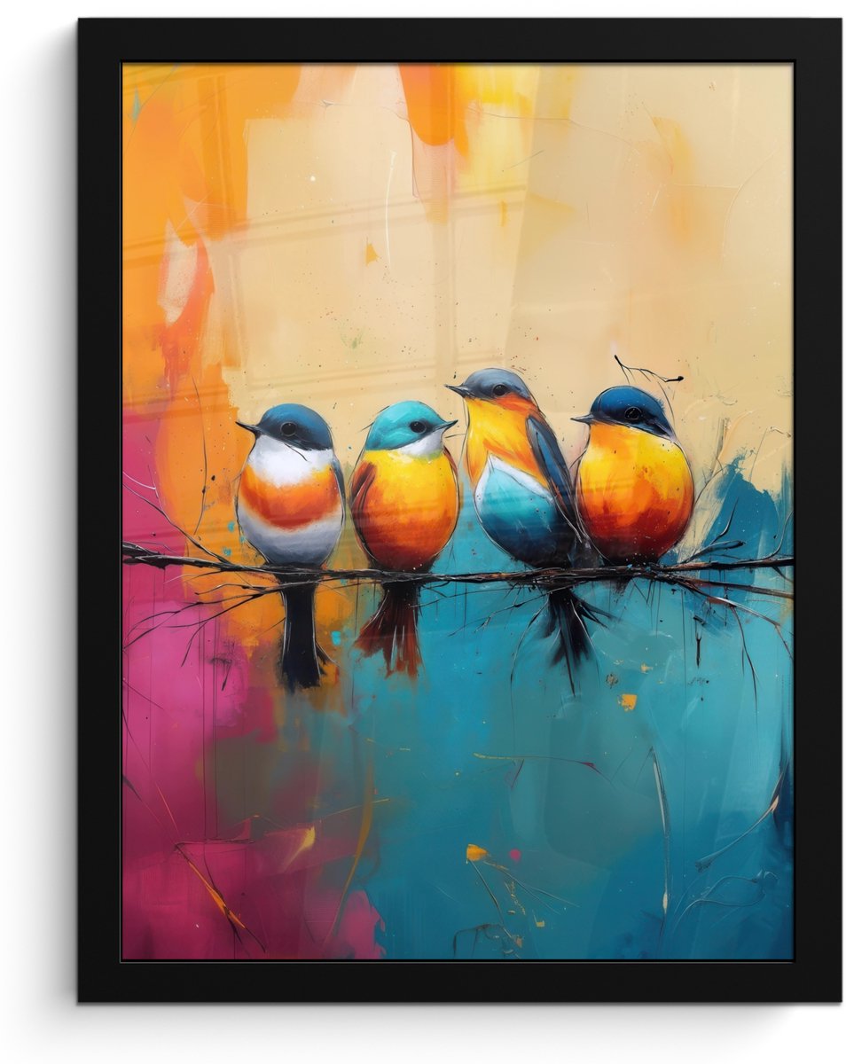 FrameYourWall Poster in lijst - Fotolijst 30x40 cm - Posters - Vogels - Kleurrijk - Tak - Abstract - Posterlijst zwart - Decoratie - Wanddecoratie woonkamer - Muurdecoratie slaapkamer