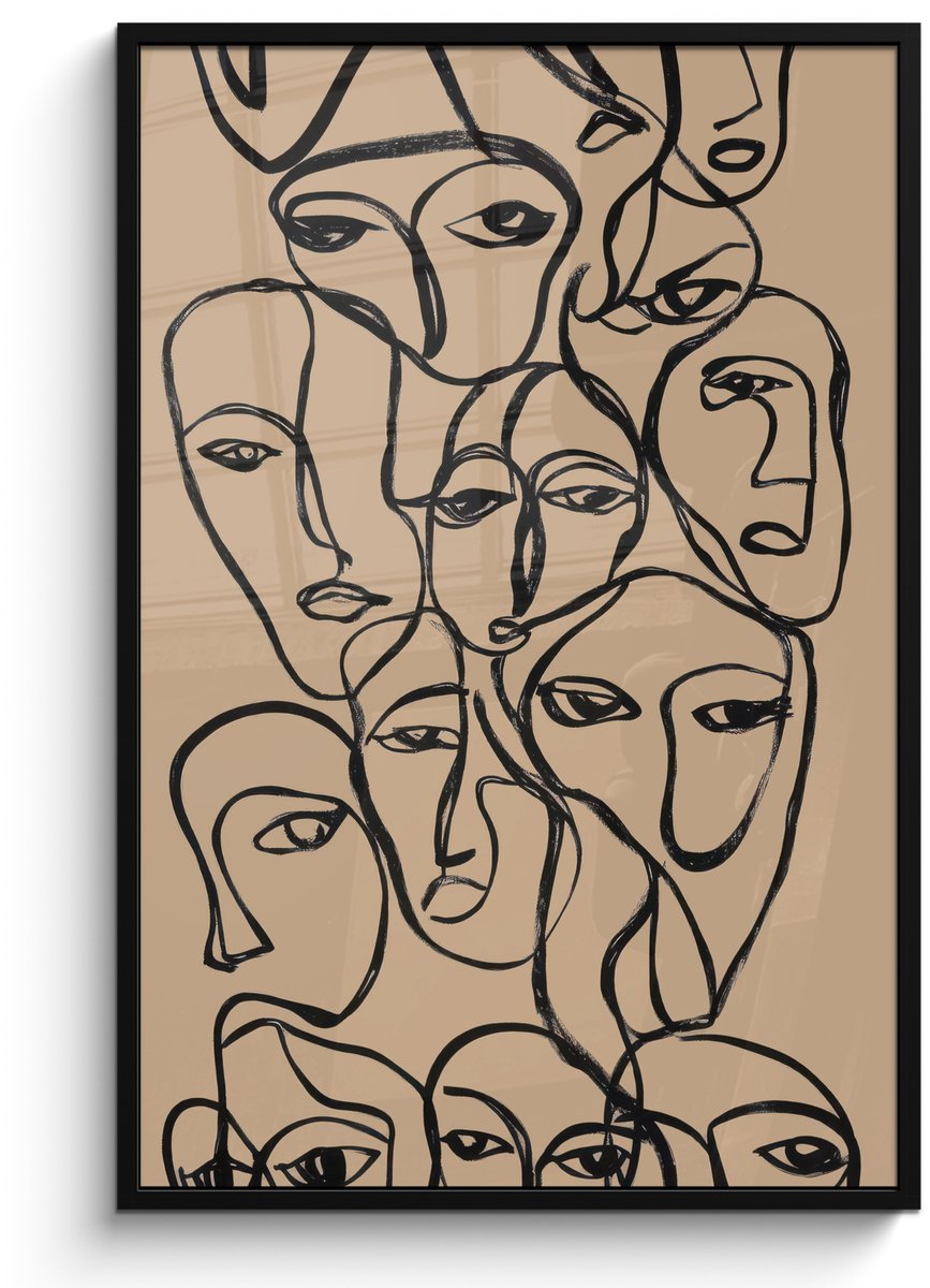 FrameYourWall Poster in lijst - Fotolijst 80x120 cm - Posters - Gezichtenzee - Lijntekening - Abstract - Posterlijst zwart - Decoratie - Wanddecoratie woonkamer - Muurdecoratie slaapkamer Gezichten - Lijntekening