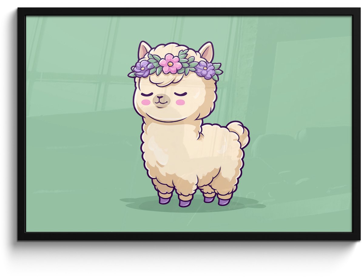 FrameYourWall Poster in lijst - Fotolijst 90x60 cm - Posters - Alpaca - Groen - Bloemendiadeem - Posterlijst zwart - Decoratie - Wanddecoratie woonkamer - Muurdecoratie slaapkamer