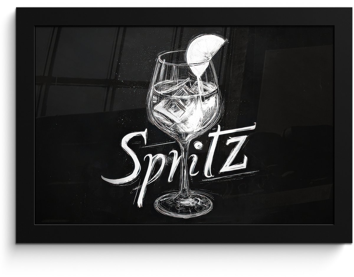 FrameYourWall Poster in lijst - Fotolijst 30x20 cm - Posters - Glas spritz - Krijtletters - Ijsblokjes - Citroen - Posterlijst zwart - Decoratie - Wanddecoratie woonkamer - Muurdecoratie slaapkamer Glas - Spritz