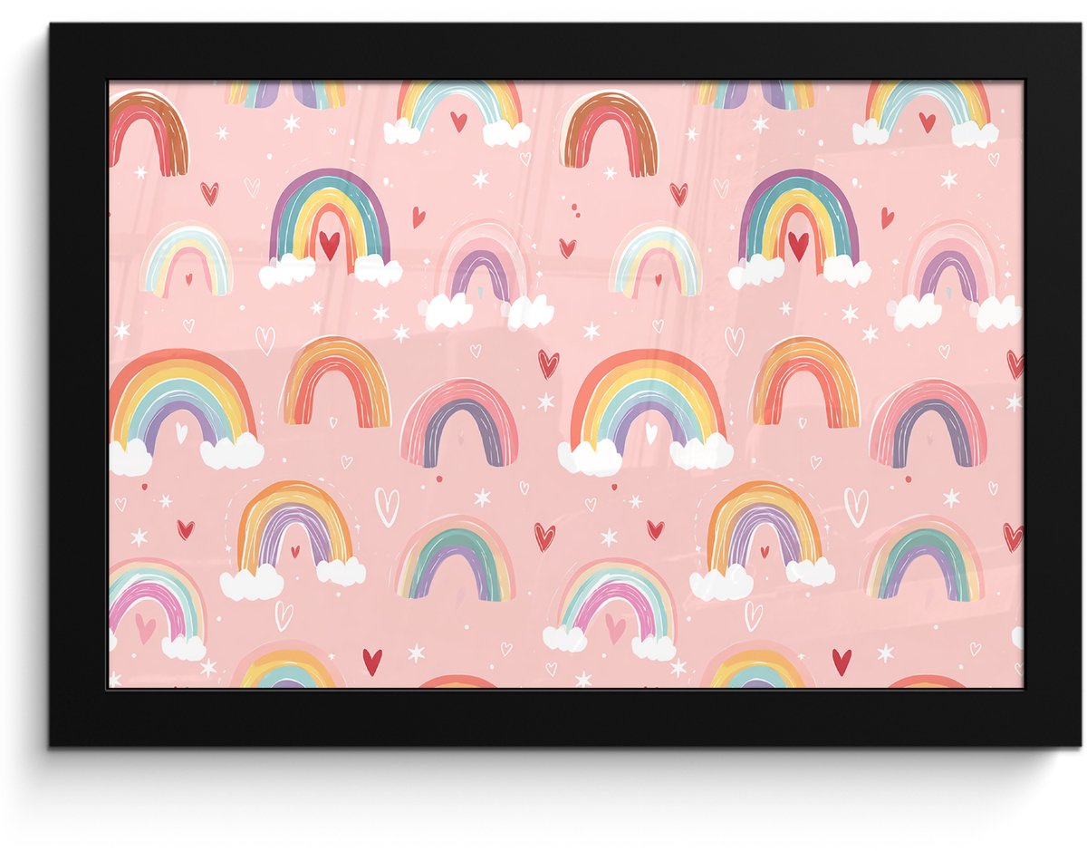 FrameYourWall Poster in lijst - Fotolijst 30x20 cm - Posters - Regenboog - Patroon - Pastel - Handgetekend - Posterlijst zwart - Decoratie - Wanddecoratie woonkamer - Muurdecoratie slaapkamer