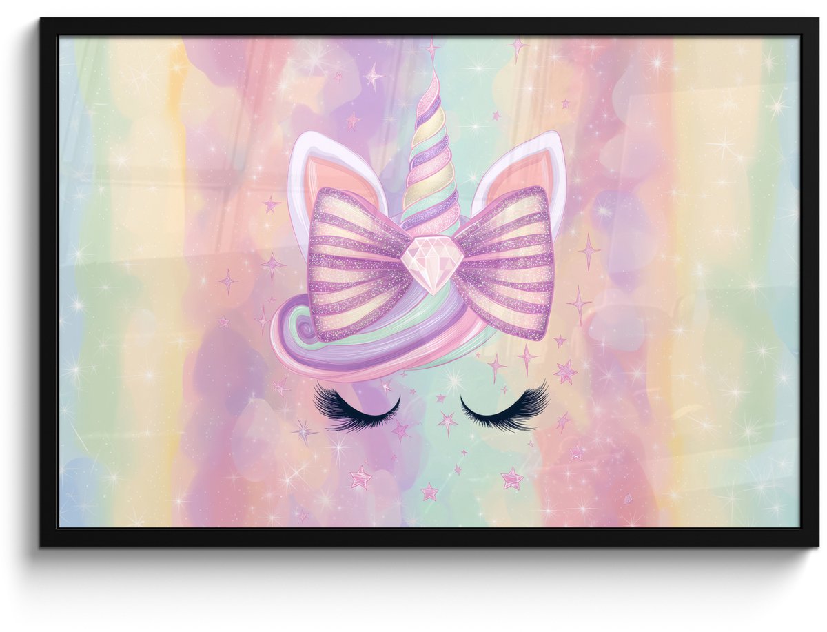 FrameYourWall Poster in lijst - Fotolijst 90x60 cm - Posters - Eenhoorn - Glitters - Regenboog - Pastel - Posterlijst zwart - Decoratie - Wanddecoratie woonkamer - Muurdecoratie slaapkamer