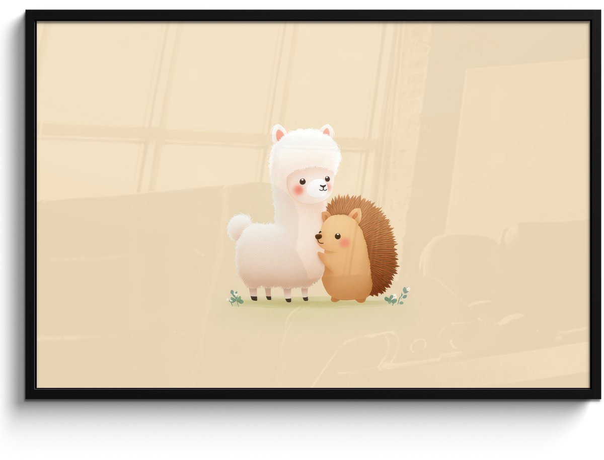 FrameYourWall Poster in lijst - Fotolijst 120x80 cm - Posters - Alpaca - Egel - Bruin - Knuffelen - Posterlijst zwart - Decoratie - Wanddecoratie woonkamer - Muurdecoratie slaapkamer