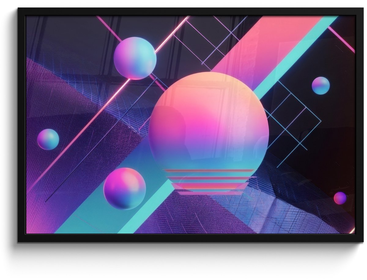 FrameYourWall Poster in lijst - Fotolijst 90x60 cm - Posters - Cirkels - Vlakken - Abstract - Blauw - Posterlijst zwart - Decoratie - Wanddecoratie woonkamer - Muurdecoratie slaapkamer Cirkels - Neon