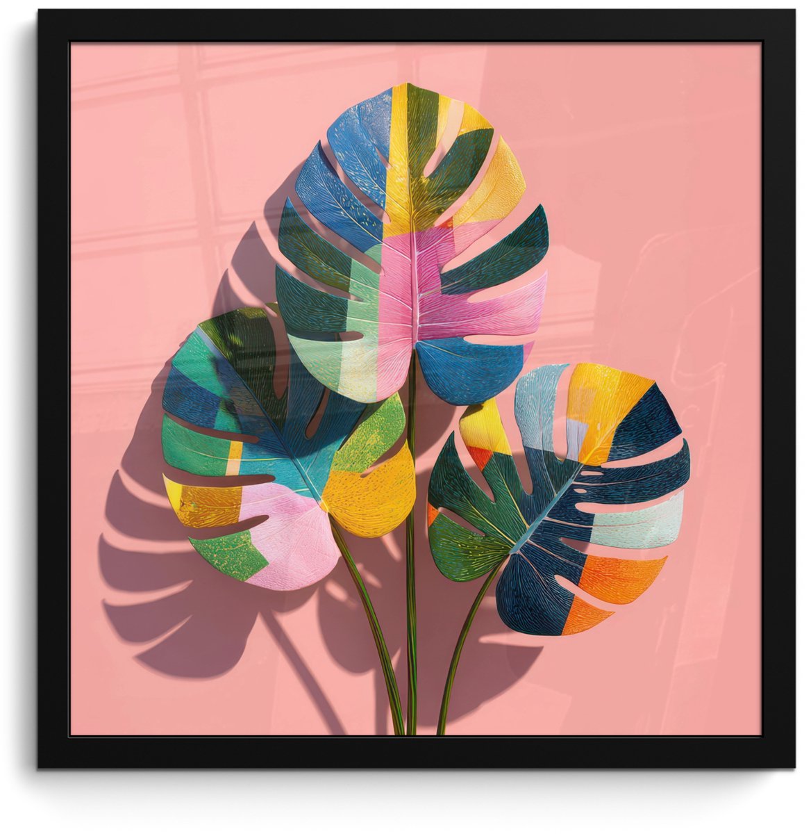 FrameYourWall Poster in lijst - Fotolijst 40x40 cm - Posters - Bladeren - Geschilderd - Vlakken - Kleurrijk - Posterlijst zwart - Decoratie - Wanddecoratie woonkamer - Muurdecoratie slaapkamer