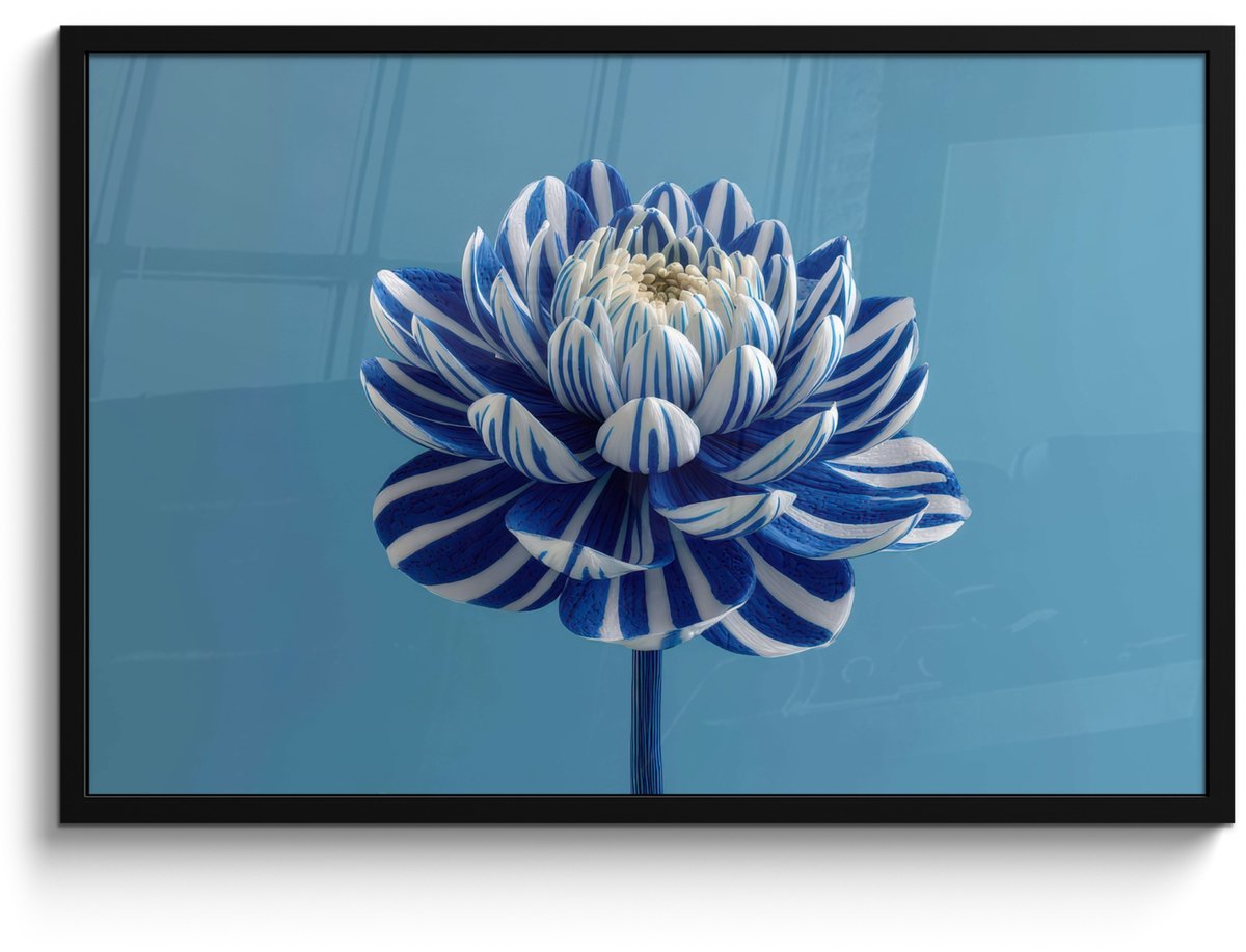 FrameYourWall Poster in lijst - Fotolijst 90x60 cm - Posters - Bloem - Blauw - Bloemblaadjes - Streepjes - Posterlijst zwart - Decoratie - Wanddecoratie woonkamer - Muurdecoratie slaapkamer