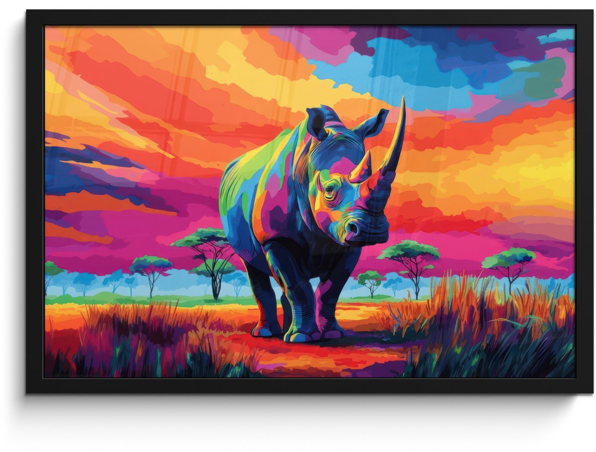 FrameYourWall Poster in lijst - Fotolijst 60x40 cm - Posters - Neushoorn - Zonsondergang - Savanna - Kleurrijk - Posterlijst zwart - Decoratie - Wanddecoratie woonkamer - Muurdecoratie slaapkamer Neushoorn - Kleurrijk