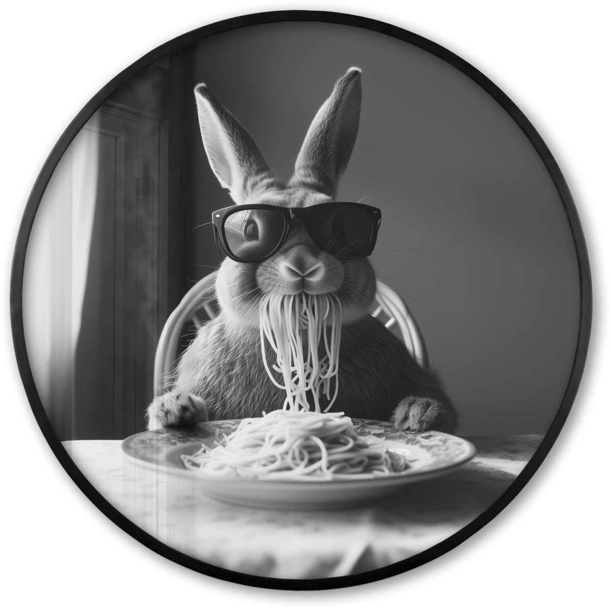 FrameYourWall Poster in lijst Rond - Fotolijst 60x60 cm - Posters - Konijn - Bunny - Zonnebril - Tafelkleed - Pasta - Schattig - Ronde posterlijst zwart - Decoratie - Wanddecoratie woonkamer - Muurdecoratie slaapkamer