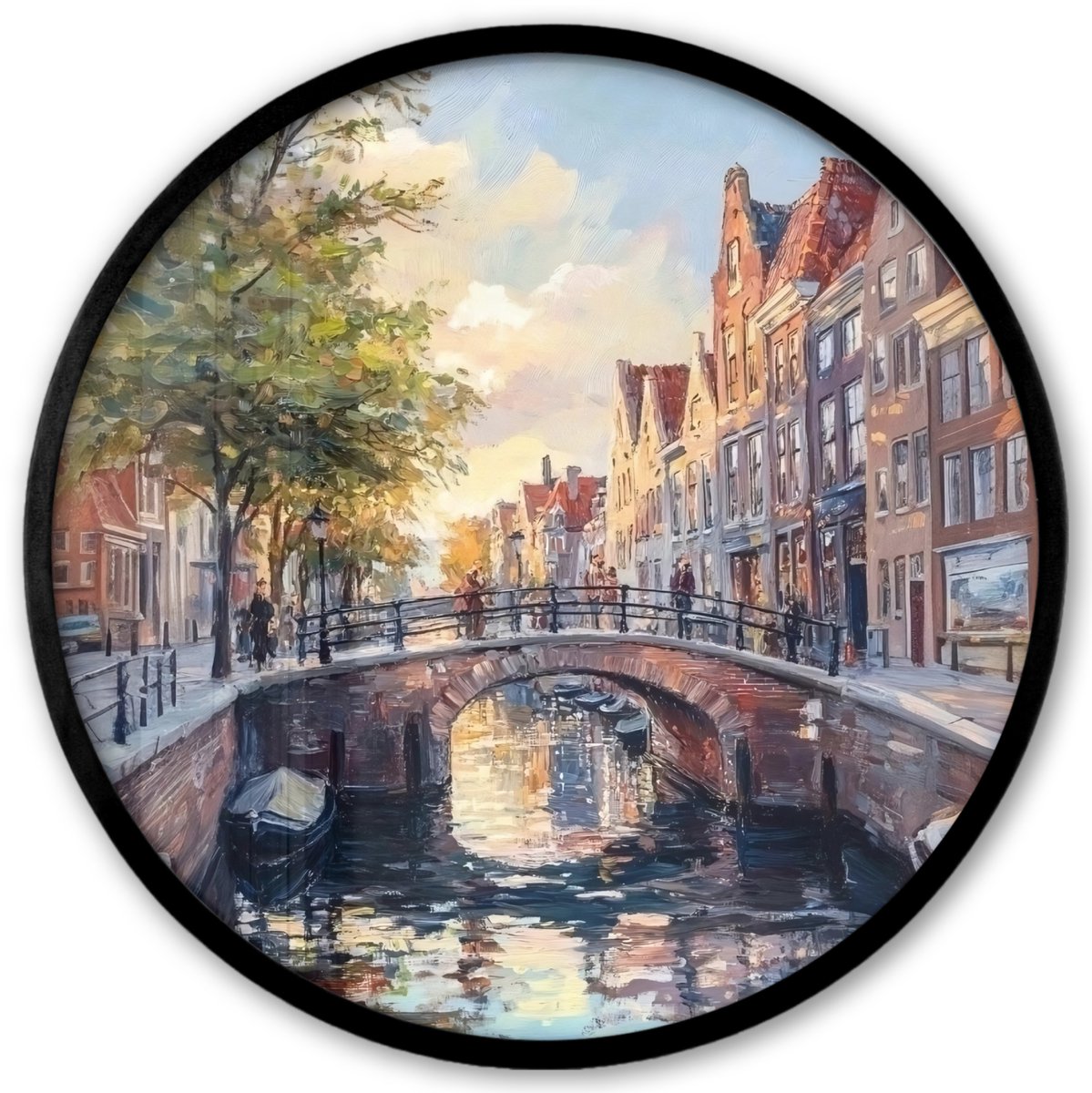 FrameYourWall Poster in lijst Rond - Fotolijst 40x40 cm - Posters - Brug - Stad - Huizen - Boot - Ronde posterlijst zwart - Decoratie - Wanddecoratie woonkamer - Muurdecoratie slaapkamer Brug - Stad - Gracht