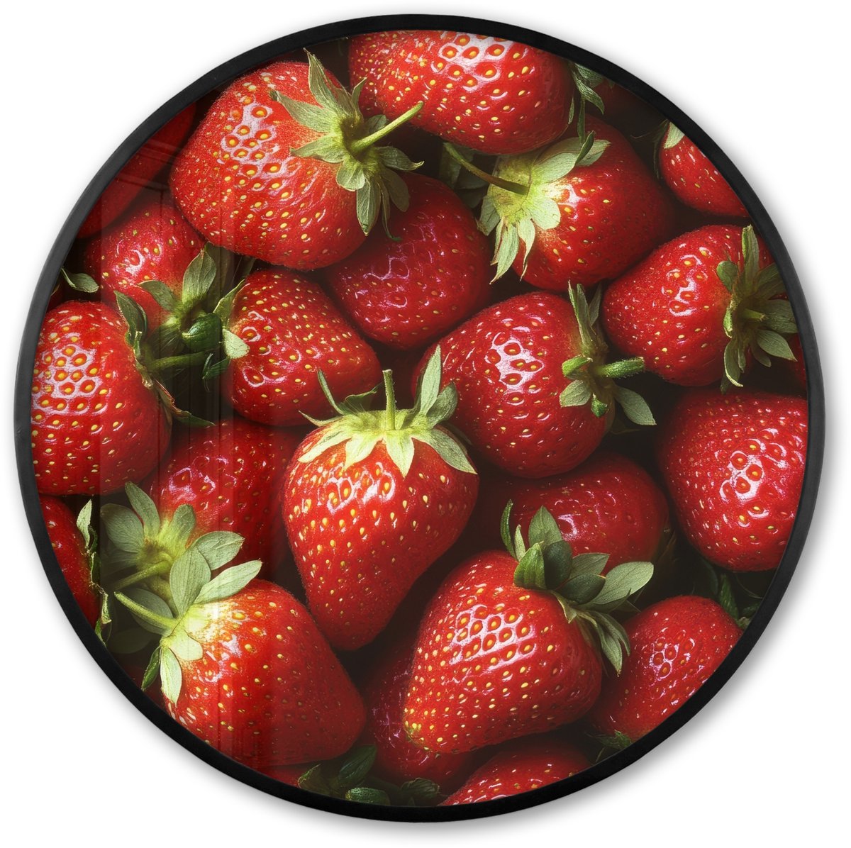 FrameYourWall Poster in lijst Rond - Fotolijst 60x60 cm - Posters - Aardbei - Fruit - Rood - Ronde posterlijst zwart - Decoratie - Wanddecoratie woonkamer - Muurdecoratie slaapkamer Aardbeien