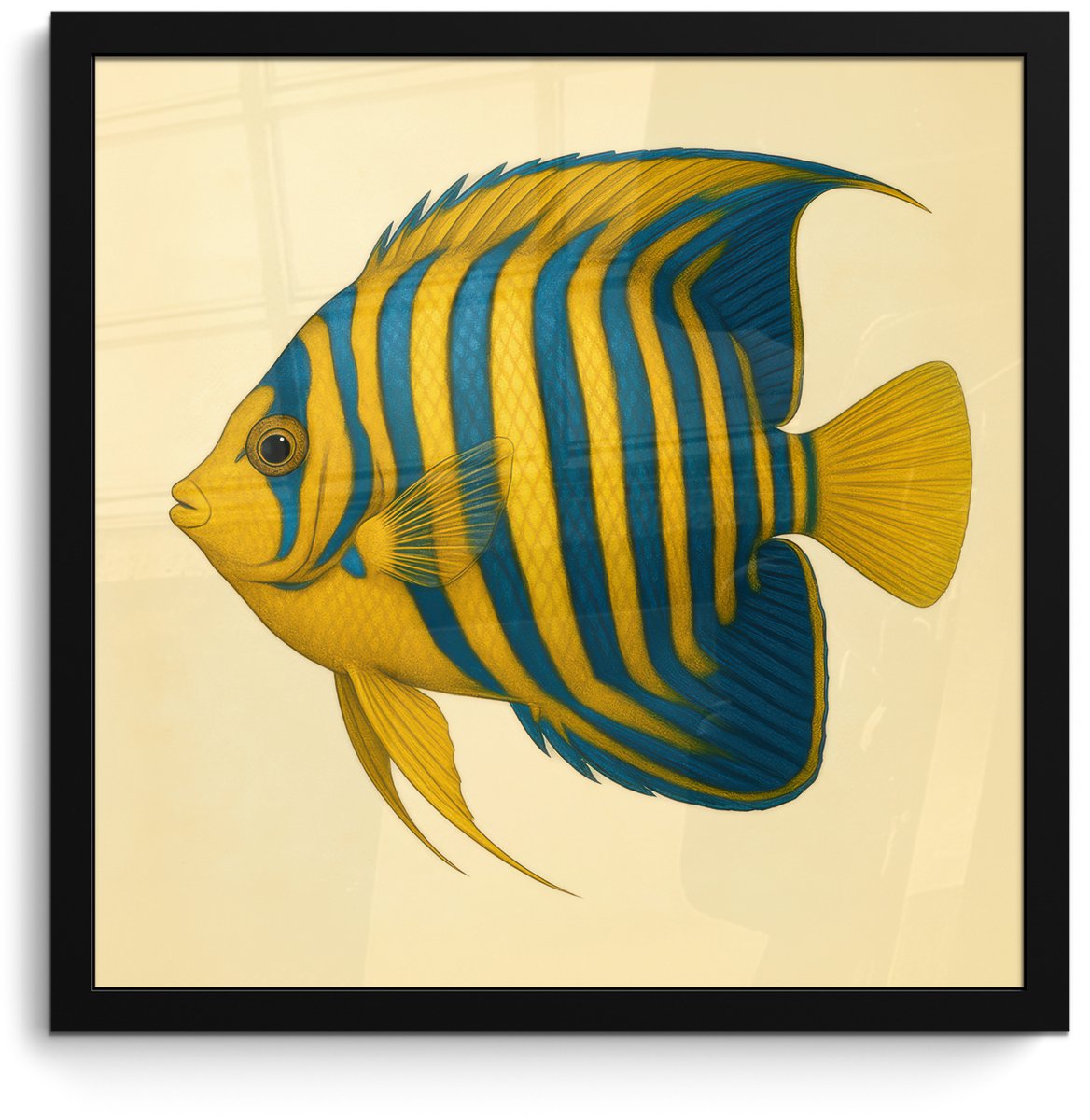 FrameYourWall Poster in lijst - Fotolijst 40x40 cm - Posters - Felgeel - Vis - Strepen - Vinnen - Posterlijst zwart - Decoratie - Wanddecoratie woonkamer - Muurdecoratie slaapkamer Vis - Vinnen - Strepen