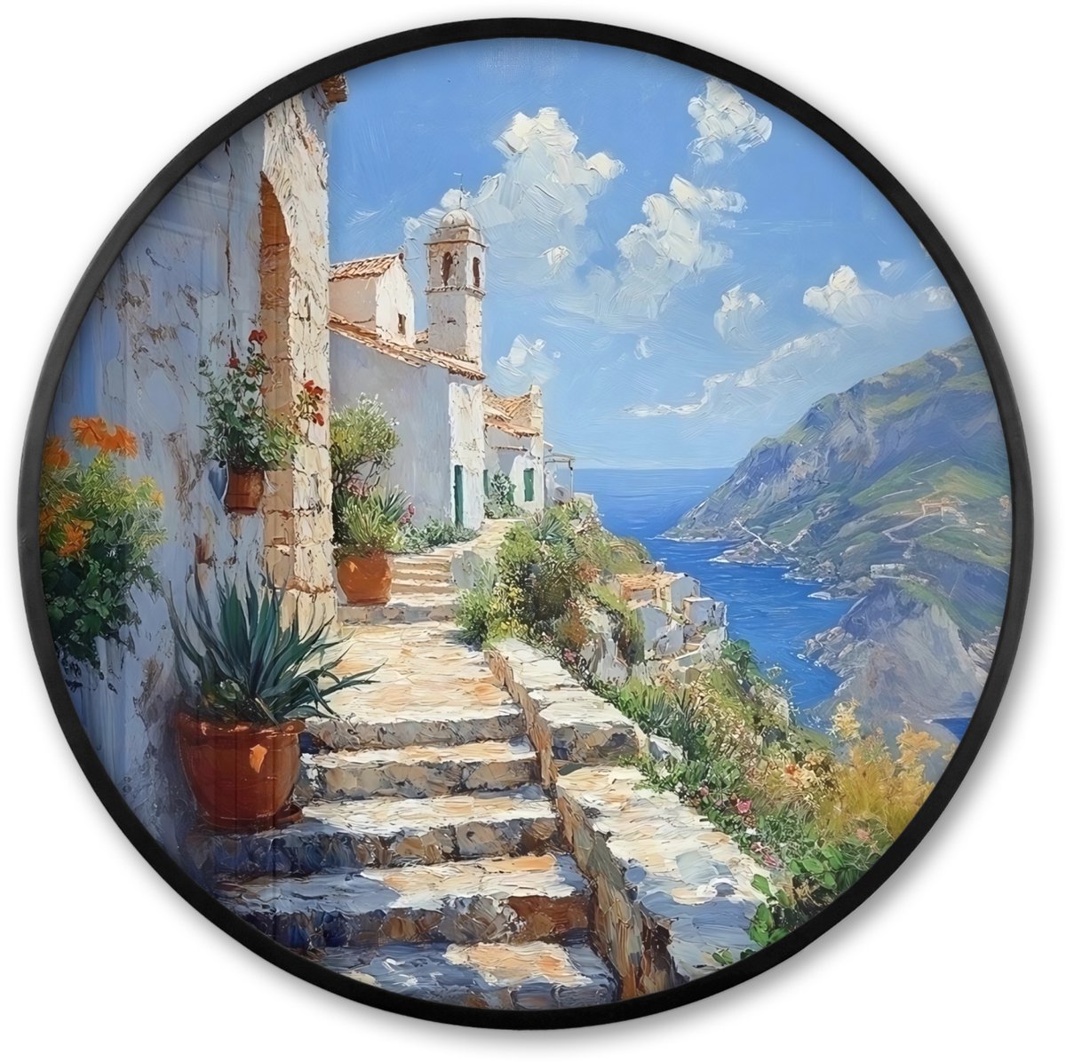 FrameYourWall Poster in lijst Rond - Fotolijst 80x80 cm - Posters - Trap - Huizen - Berglandschap - Zee - Ronde posterlijst zwart - Decoratie - Wanddecoratie woonkamer - Muurdecoratie slaapkamer Trap - Huizen - Landschap