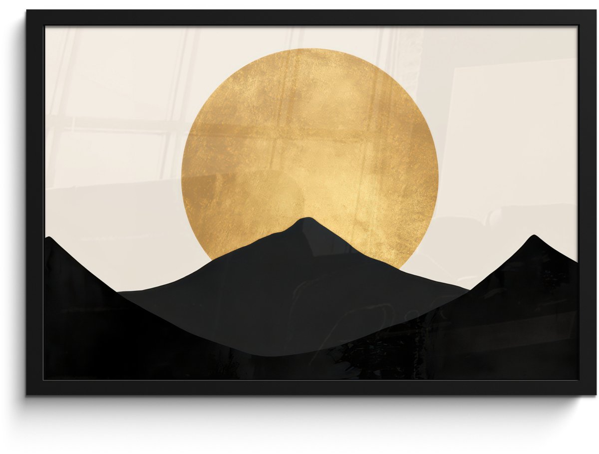 FrameYourWall Poster in lijst - Fotolijst 60x40 cm - Posters - Bergsilhouetten - Gouden cirkel - Beige - Posterlijst zwart - Decoratie - Wanddecoratie woonkamer - Muurdecoratie slaapkamer Bergsilhouetten - Cirkel