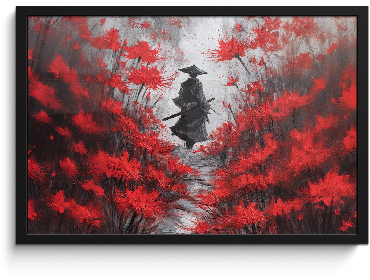 FrameYourWall Poster in lijst - Fotolijst 60x40 cm - Posters - Rode bloemen - mistig - Man - Posterlijst zwart - Decoratie - Wanddecoratie woonkamer - Muurdecoratie slaapkamer Bloemen - Man - Mistig