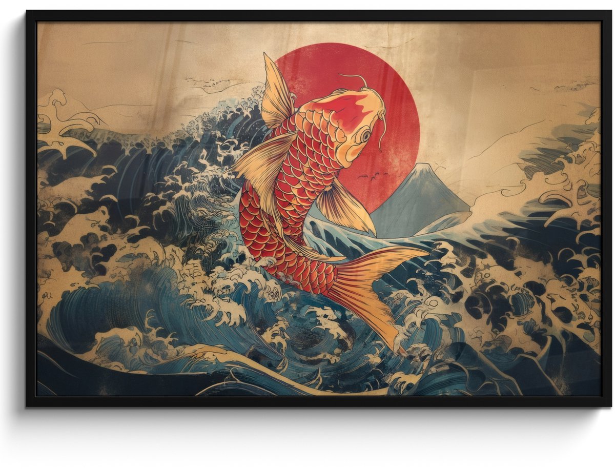 FrameYourWall Poster in lijst - Fotolijst 120x80 cm - Posters - Koi - Zee - Golven - Zon - Posterlijst zwart - Decoratie - Wanddecoratie woonkamer - Muurdecoratie slaapkamer