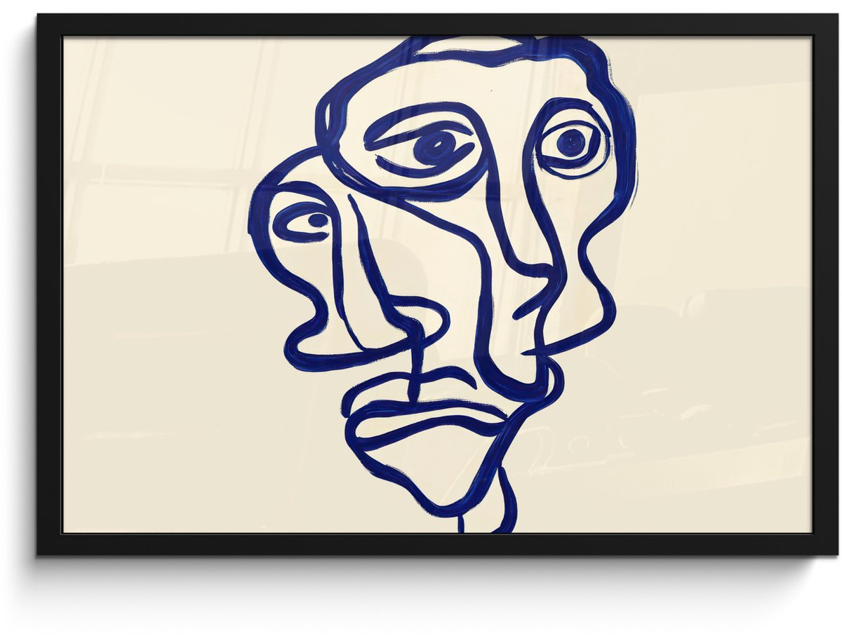 FrameYourWall Poster in lijst - Fotolijst 60x40 cm - Posters - Lijntekening - Overlappende gezichten - Donkerblauw - Posterlijst zwart - Decoratie - Wanddecoratie woonkamer - Muurdecoratie slaapkamer Overlappend - Gezichten